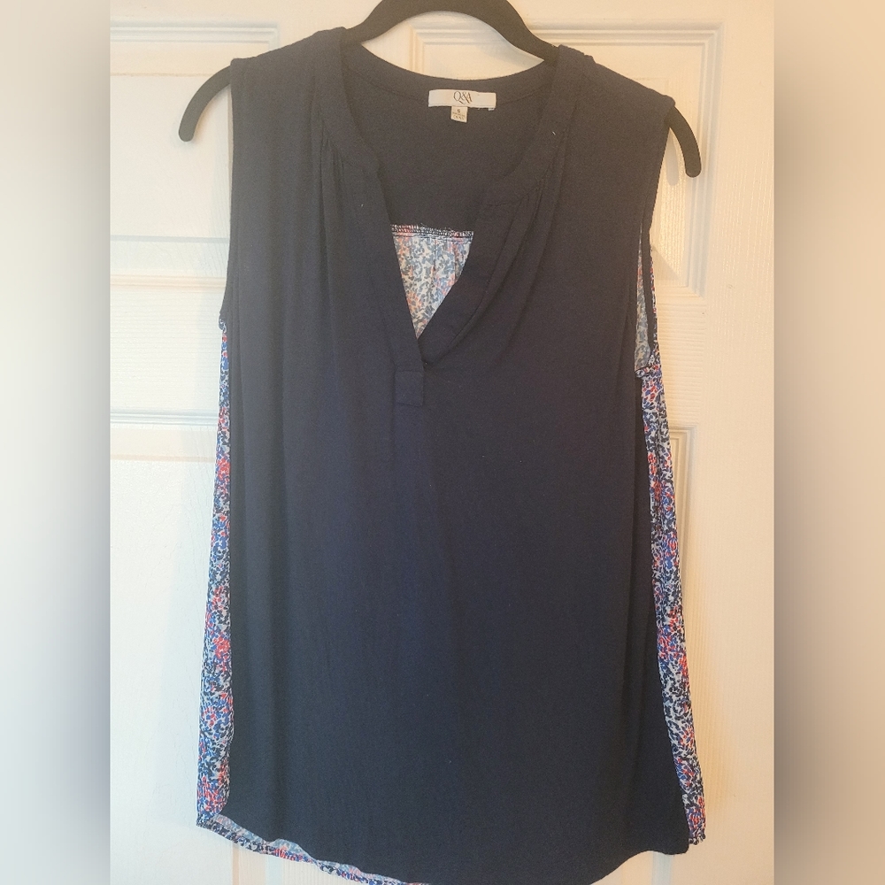 Navy front,  multi color back sleeveless shirt